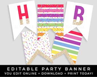 Rainbow Sprinkles Birthday Banner Printable, Rainbow Confetti Glitter Happy Birthday Party Decorations Editable Banner Bunting, Corjl #019