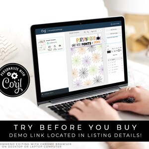 May include: A laptop computer screen displaying a web page with a design template for a Halloween party invitation. The template features a spiderweb pattern with orange, green, and purple accents. The text on the screen reads "Personalize Edit Text, Fonts & Colors".