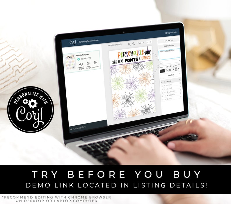 May include: A laptop computer screen displaying a web page with a design template for a Halloween party invitation. The template features a spiderweb pattern with orange, green, and purple accents. The text on the screen reads "Personalize Edit Text, Fonts & Colors".