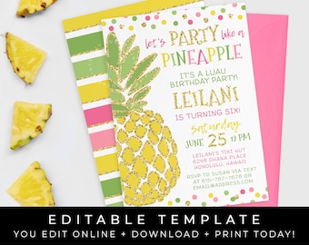 Gold Pineapple Birthday Invitation Printable Summer Luau Party Girl Pink Instant Download Printable Digital Invitation Template, Corjl #072A