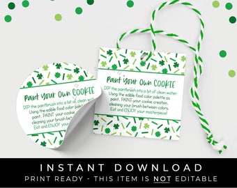 Instant Download St. Patrick's Day Paint Your Own Cookie Tag, Shamrock Sprinkles PYO Cookie Instructions Printable 2" and 2.5" Tag, #242 VIP