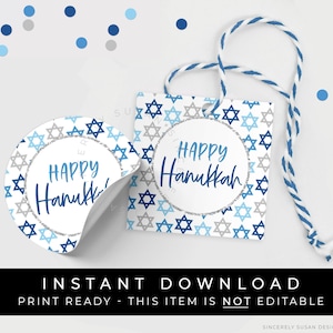 Sofortiger Download Happy Chanukka Cookie Tag zum Ausdrucken, Chanukka Davidstern Weihnachten Anhänger, #207BID VIP