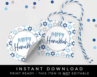 Instant Download Happy Hanukkah Cookie Tag Printable, Hanukkah Blue Star of David Holiday Gift Tag, #207BID VIP