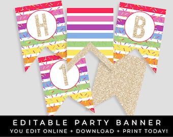 Regenbogen Sprinkles Geburtstag Banner druckbar, Regenbogen Konfetti Glitter alles Gute zum Geburtstag Partydekorationen bearbeitbare Wimpelkette, Corjl #019
