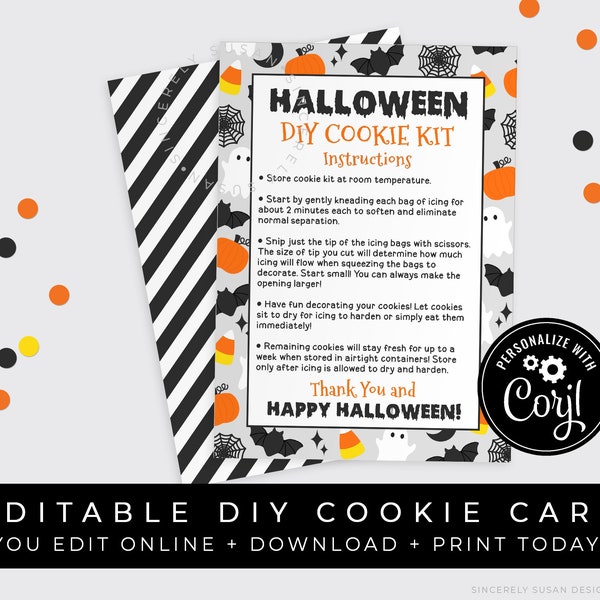 CUSTOMIZABLE Halloween DIY Cookie Kit Instructions Printable Card, Do It Yourself Halloween Cookie Decorating Kit Packaging, Corjl #179A VIP