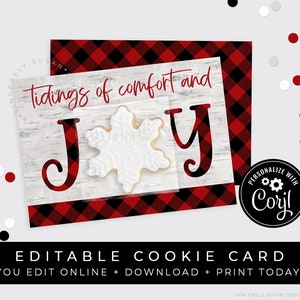 CUSTOMIZABLE Christmas Mini Cookie Card Printable, Tidings of Comfort and JOY Personalized Buffalo Woodland Cookie Packaging, Corjl #197 VIP