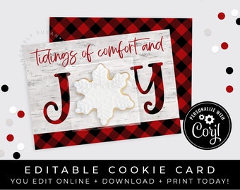 CUSTOMIZABLE Christmas Mini Cookie Card Printable, Tidings of Comfort and JOY Personalized Buffalo Woodland Cookie Packaging, Corjl #197 VIP