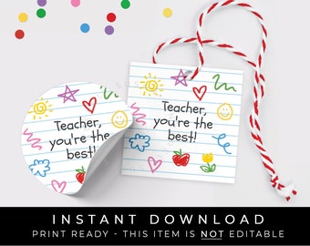 Instant Download Crayon Doodle Teacher Appreciation Tag, Notebook Paper Best Teacher Gift Tag, Rainbow Coloring Cookie Tag, #262CID VIP