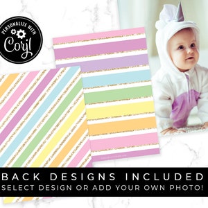 May include: Two printable designs for a party invitation. One design features a rainbow stripe pattern with gold glitter accents. The other design features a unicorn wearing a white hooded costume with a horn. The text "PERSONALIZE WITH Coryl" is in a circle with a gear icon.
