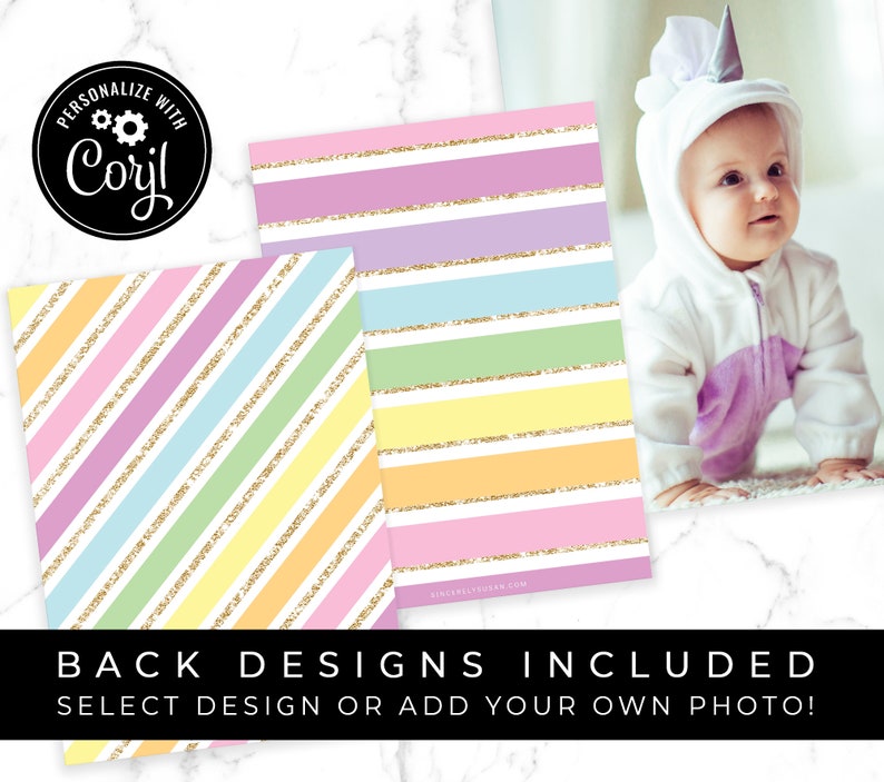 May include: Two printable designs for a party invitation. One design features a rainbow stripe pattern with gold glitter accents. The other design features a unicorn wearing a white hooded costume with a horn. The text "PERSONALIZE WITH Coryl" is in a circle with a gear icon.