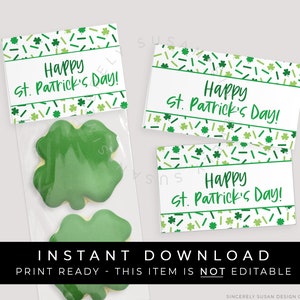 May include: Printable gift tags with a green shamrock and confetti pattern. The tags say "Happy St. Patrick's Day!" and are perfect for adding a festive touch to your St. Patrick's Day gifts.