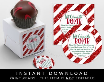 Instant Download Christmas Hot Chocolate Bomb Tag Printable Red Glitter Holiday Christmas Chocolate Bomb Directions Instructions #195DID VIP