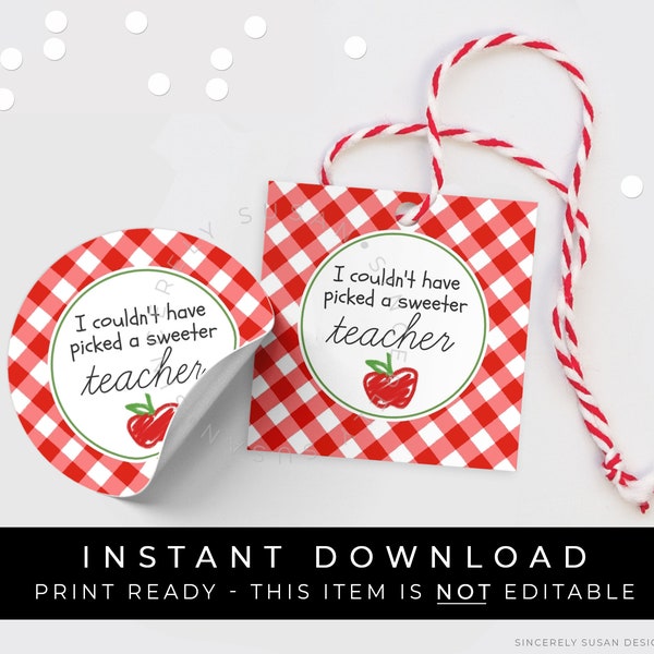 Instant Download Teacher Apple Back to School Tag, First Day of School Printable Cookie Tag, Black Gingham Check BTS, #144AID VIP