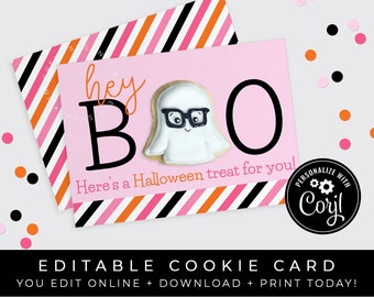 CUSTOMIZABLE Pink Halloween Hey BOO Ghost Mini Cookie Cards, Happy Halloween Party Favor Treat Card Personalized Printable, Corjl #153JP VIP