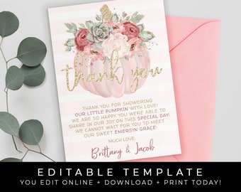 Editable Pumpkin Thank You Card Girl Baby Shower Fall Floral Blush Pink Little Pumpkin Printable Note Instant Template Download Corjl #008TY