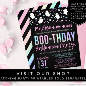 May include: A black and pink Halloween party invitation with a rainbow gradient background. The invitation says "Madison is nine!" and "Boo-Thday Halloween Party!" with a silver glitter effect. The invitation includes details about the party, including the date, time, and location.