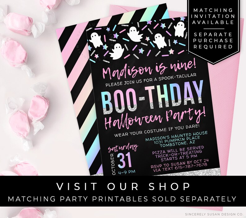 May include: A black and pink Halloween party invitation with a rainbow gradient background. The invitation says "Madison is nine!" and "Boo-Thday Halloween Party!" with a silver glitter effect. The invitation includes details about the party, including the date, time, and location.