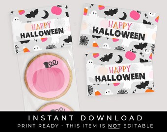 即時ダウンロード ピンクのハッピーハロウィントリートバッグトッパー、不気味な甘いパンプキンゴーストハロウィン印刷可能なミニクッキートッパー、#179D VIP