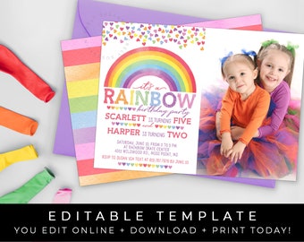 Joint Rainbow Birthday Party Invitation Printable Girl Sisters Sibling Confetti Hearts Invite Editable Instant Template Download Corjl #016D