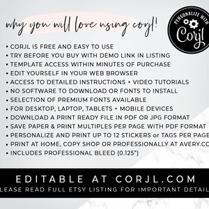May include: A white and gray marble background with a pink rectangle at the top. The text "why you will love using corjl!" is in black text. Below the text is a list of bullet points describing the features of the corjl website. The text "PERSONALIZE WITH Corjl" is in a circle with a pink background and black text. The text "EDITABLE AT CORJL.COM" is in black text on a white background. The text "PLEASE READ FULL ETSY LISTING FOR IMPORTANT DETAILS!" is in black text on a white background.