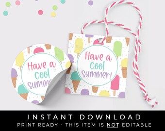 Instant Download Have a Cool Summer Popsicle Ice Cream Cookie Tag Printable, Summer Party Favor Ice Cream Waffle Cone Popsicle, #277PDID VIP