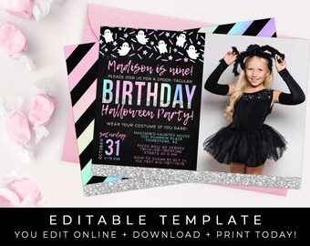 Pink Halloween Birthday Invitation Girl Ghost Photo Invite Rainbow Party Printable Invite Editable Template Instant Download Corjl #079D