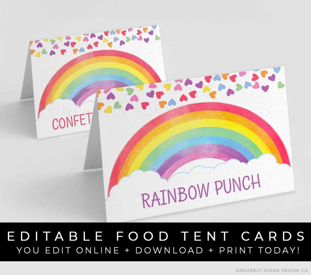 Rainbow Food Tent Cards Printable Birthday Party Rainbow Heart Confetti ...