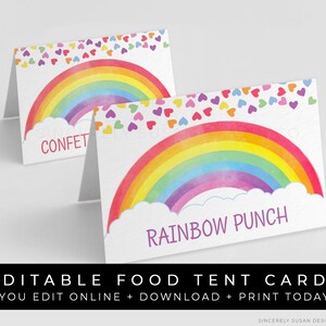 Tarjetas de tienda de comida arco iris fiesta de cumpleaños imprimible arco iris corazón confeti buffet etiquetas de comida editable plantilla instantánea descargar, Corjl #016