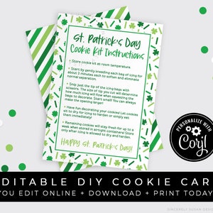CUSTOMIZABLE St. Patrick's Day DIY Cookie Kit Instructions Printable Card, Shamrock Sprinkles Lucky Clover Cookie Decorating Kit , #242 VIP