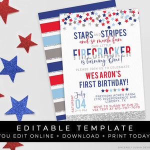 First Birthday Firecracker Invitation 4th of July Patriotic Stars Stripes Red White & Blue Template Download Printable Invite Corjl 058A image 1