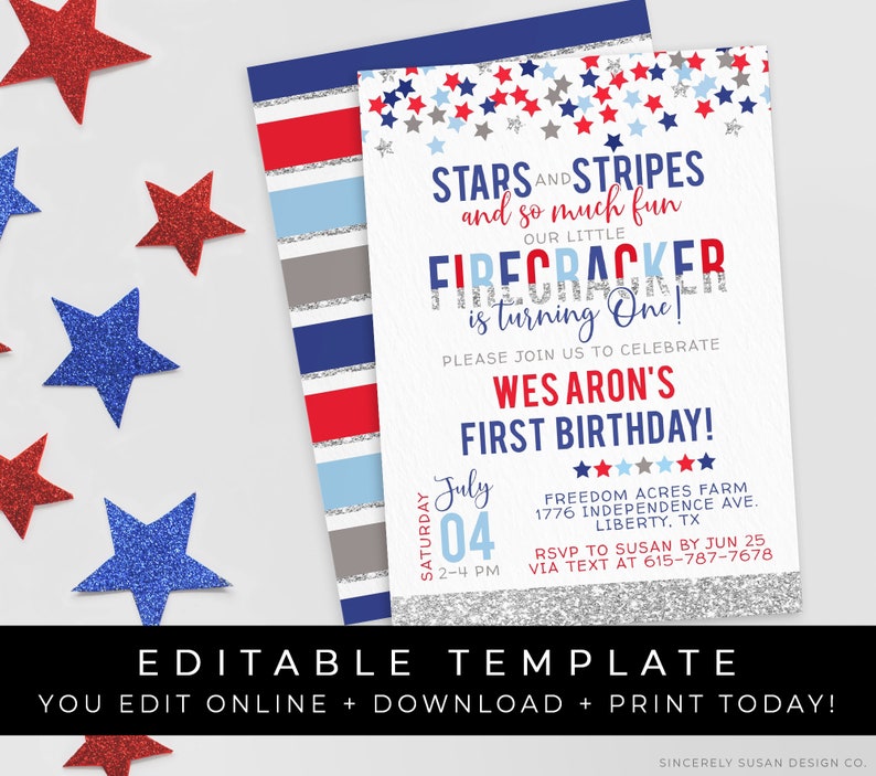 First Birthday Firecracker Invitation 4th of July Patriotic Stars Stripes Red White & Blue Template Download Printable Invite Corjl 058A image 1