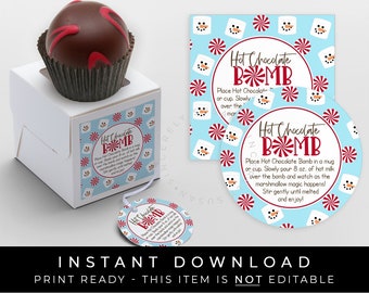 Instant Download Holiday Hot Chocolate Bomb Tag, Printable Marshmallow Snowman Peppermint Christmas Chocolate Bomb Directions, #192EID VIP