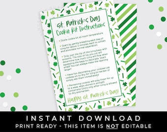 Instant Download St. Patrick's Day DIY Cookie Kit Instructions Printable Card, Decorate Your Own Shamrock Clover Cookie Decorating, #242 VIP