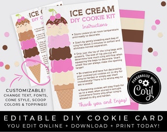CUSTOMIZABLE DIY Ice Cream Cookie Kit Instructions Printable Card, Waffle Cone Cookie Decorating Personalized Packaging, Corjl #139B VIP