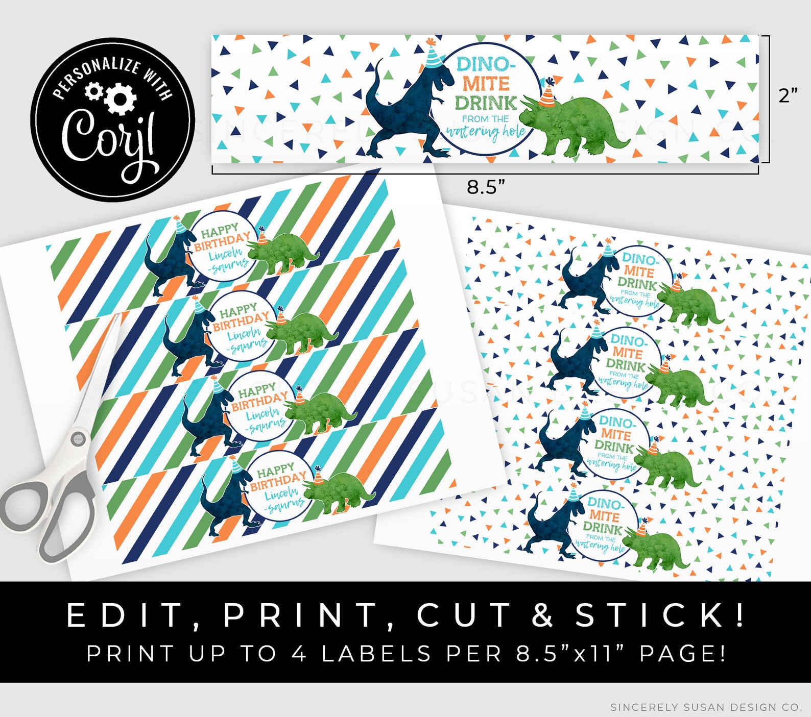 Printable Dinosaur Water Bottle Labels Personalized Dino | Etsy