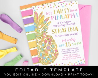 Pineapple Birthday Invitation Aloha Luau Party Like A Pineapple Rainbow Confetti Theme Instant Digital Download Invite, Corjl #017A