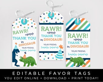 Dinosaur Birthday Favor Tags Printable Thank You Gift Tag Editable Dino Boy Party Decorations Instant Digital Template Download Corjl #047