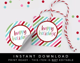 Instant Download Happy Holidays Cookie Tag, Bright Holiday Colorful Gift Tag for Gift or Christmas Party Favor Tag, #198CID VIP
