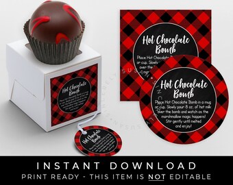 Instant Download Buffalo Plaid Christmas Hot Chocolate Bomb Tag, Chalkboard Printable Holiday Bomb Directions Instructions Tag, #186BID VIP
