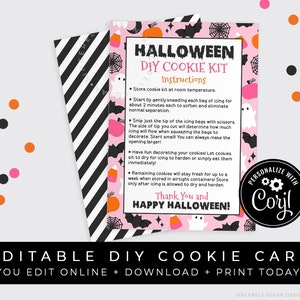 CUSTOMIZABLE Pink Halloween DIY Cookie Kit Instructions Printable Card, Assorted Halloween Cookie Decorating Kit Packaging, Corjl #179H VIP