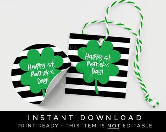 Instant Download Happy St. Patrick's Day Cookie Tag, Shamrock Black & White Stripe 4 Leaf Clover Good Luck Cookie Printable Tag, #243AID VIP