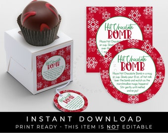 Instant Download Holiday Hot Chocolate Bomb Tag, Printable Red Snowflake Winter Christmas Chocolate Bomb Directions Instructions #189RID VIP