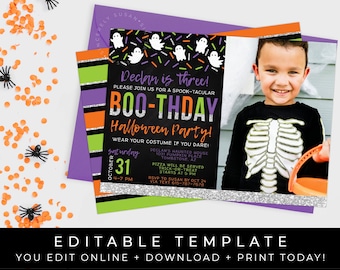 May include: Editable Halloween party invitation template with a purple, orange, and green striped background. The invitation features a photo of a child dressed as a skeleton, and the text "Declan is three! BOO-THDAY Halloween Party!" in black and white text with silver glitter accents.