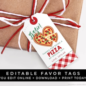 May include: A white favor tag with a red and white checkered border. The tag features a heart-shaped pizza with a slice removed. The text on the tag reads "Grazie! Thanks for being a pizza my special day! Love, Skylar".