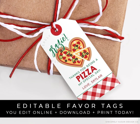 Valentine Pizza Party Favor Tag, Heart Pizza Thank You Tag Grazie, Pizza Birthday Party Theme, Pizza Cookie Tag Printable Edit, Corjl #098