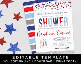 4th of July Patriotic Baby Shower Invitation Little Firecracker Stars Red White and Blue Editable Printable Template Download, Corjl #033B