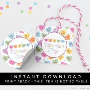 Instant Download Happy Valentine's Day Cookie Tag, Rainbow Candy Hearts Sweet Conversation Cookie Tag, Valentine Gift Tag, #218FID VIP