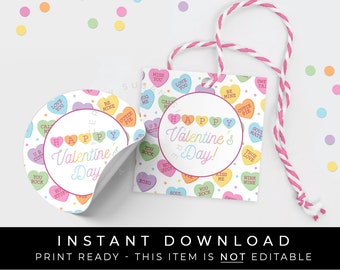 Instant Download Happy Valentine's Day Cookie Tag, Rainbow Candy Hearts Sweet Conversation Cookie Tag, Valentine Gift Tag, #218FID VIP