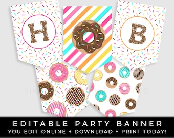 Donut Birthday Banner Party Decorations Rainbow Sprinkles Personalized Printable Bunting Editable Instant Template Download, Corjl #005