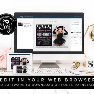 May include: A computer screen and tablet showing a customizable Halloween party invitation template with a girl in a black costume. The text on the invitation says "Madison is nine!" and "BOO-THDAY Halloween Party!" The text on the screen says "PERSONALIZE WITH Coryl" and "EDIT IN YOUR WEB BROWSER NO SOFTWARE TO DOWNLOAD OR FONTS TO INSTALL!"
